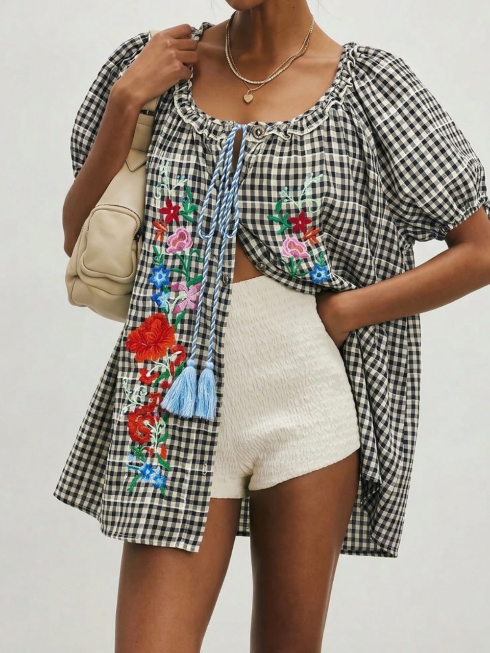 Boho Plaid Print Floral Embroidered Puff Sleeve Button down Top